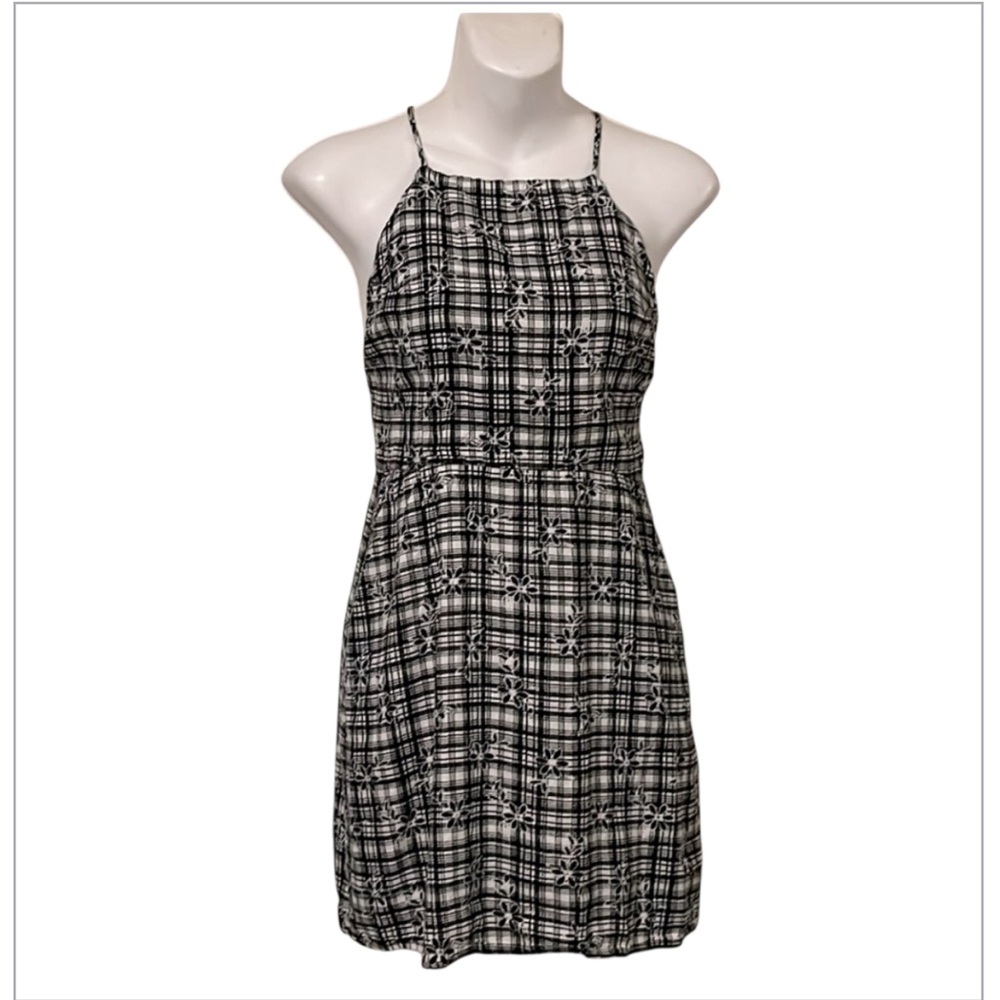 Urban Outfitters Backless Strapy Black White Plaid Embroidered Floral Sundress S